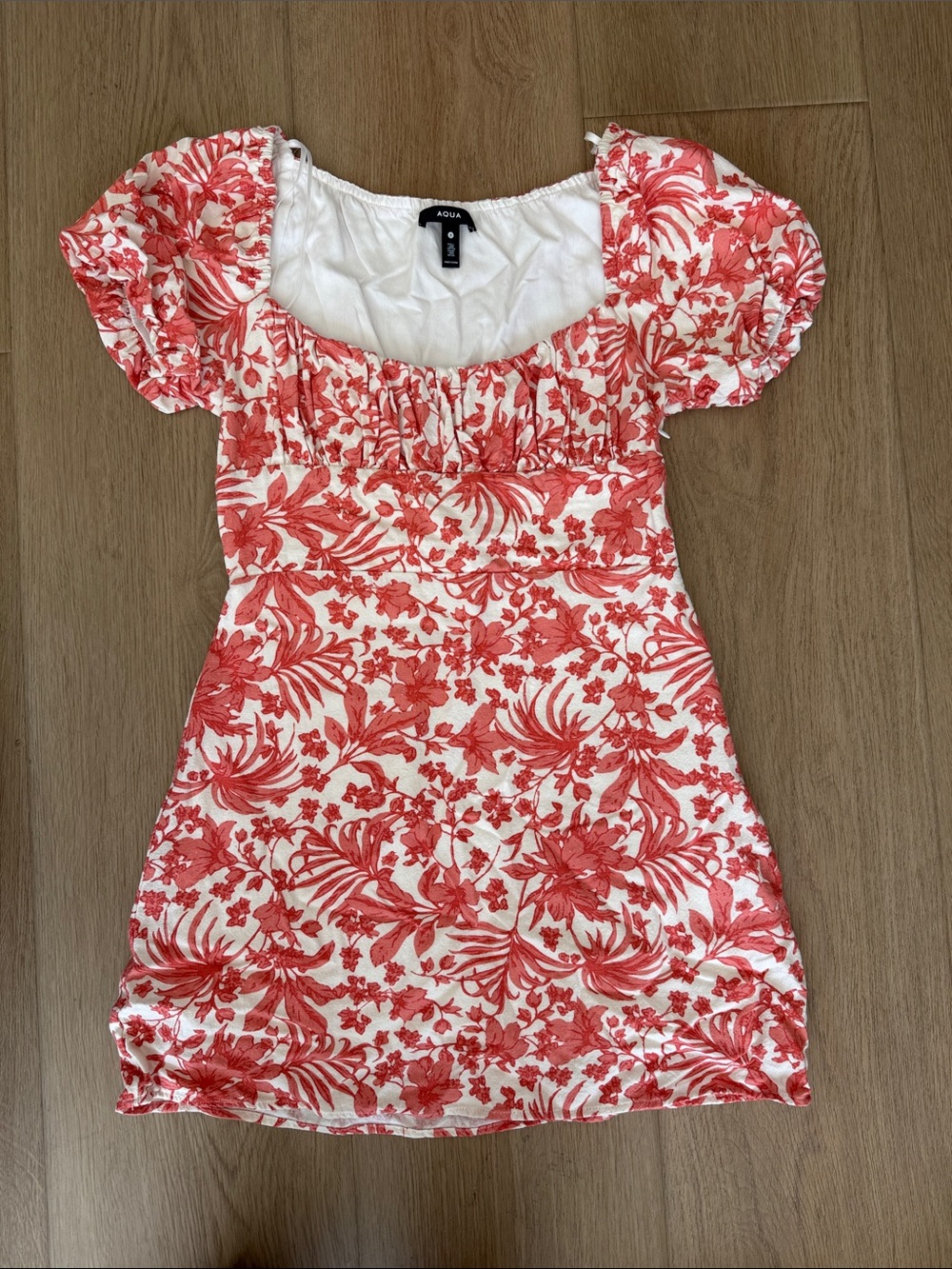 Aqua Mini Dress with Coral Floral Print and Puff Sleeves